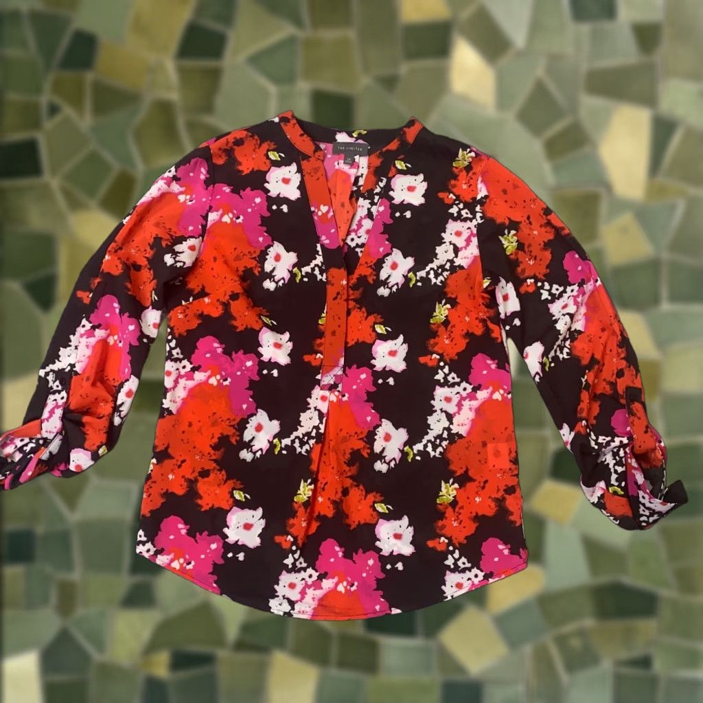 Vintage The Limited Shirt Womens XS Orange Floral Roll-Tab Sleeve V-Neck Flowy Stretch Size XS / US 0-2 / IT 36-38 - 1 Thumbnail