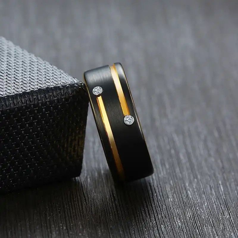 Other Black Tungsten Carbide with Gold Color Lines CZ Stones Ring Size ONE SIZE - 1 Thumbnail