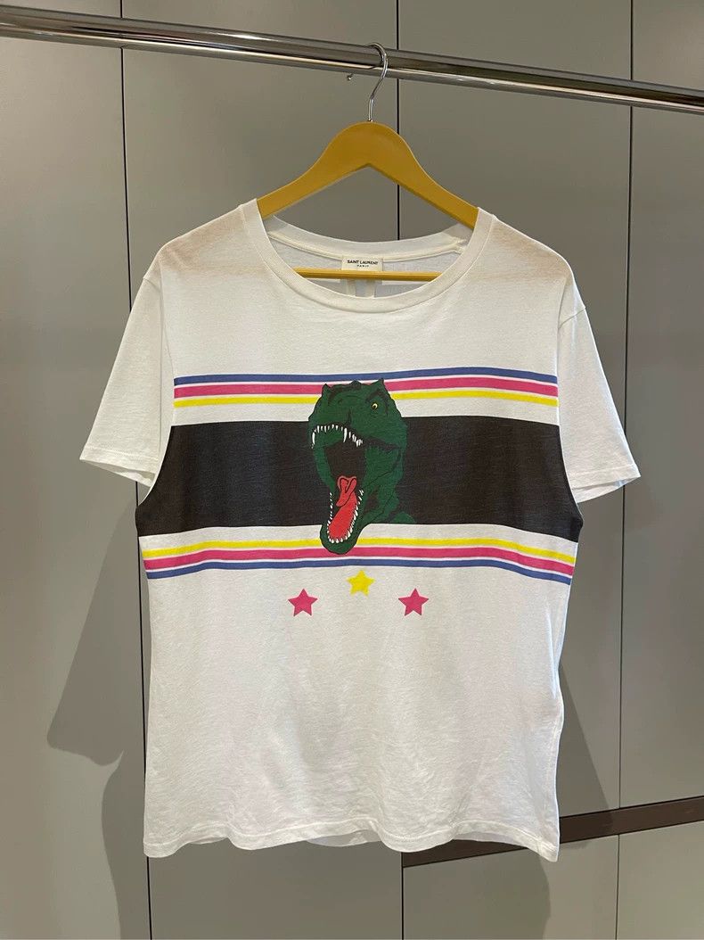Saint Laurent Paris Saint Laurent White Dinosaur Print T-Shirt- DMC Size US M / EU 48-50 / 2 - 1 Thumbnail