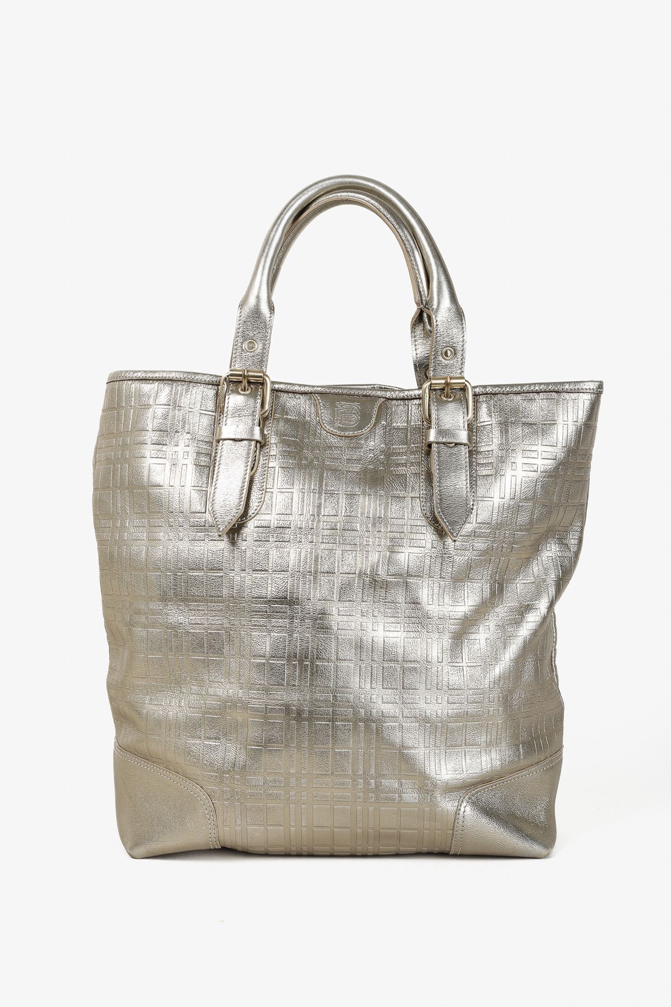 Burberry Burberry Metallic-Gold Plaid-Embossed Leather Tote Bag Size ONE SIZE - 1 Thumbnail