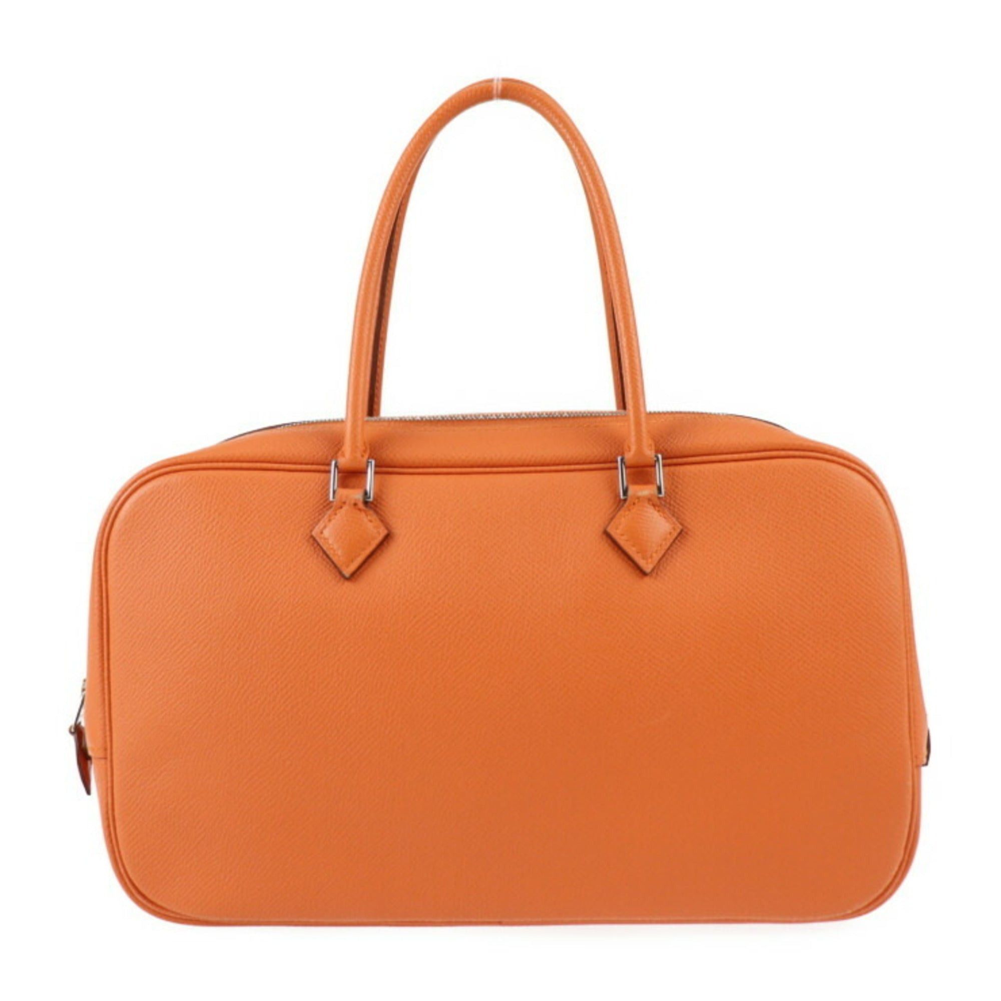 image of Hermes Plume Elan 28 Handbag Q Engraved Vaux Epson Orange Silver Hardware in Black, Women's