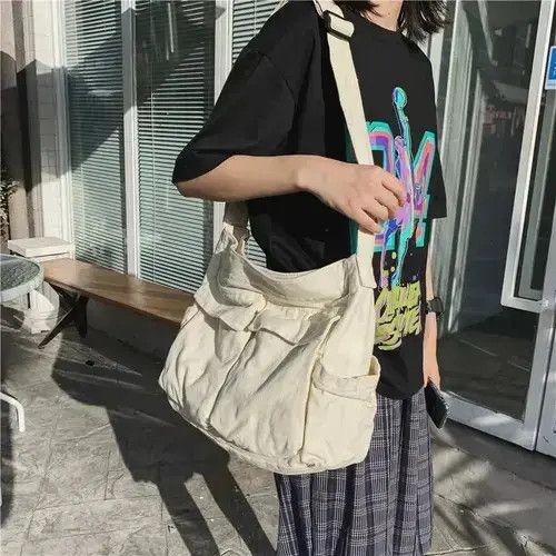 Casual Canvas Messenger Shoulder School Bag in White, Men's