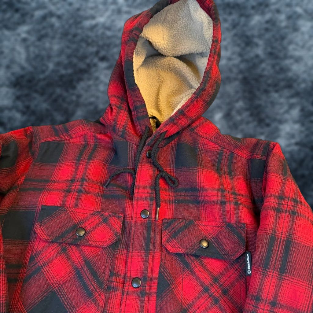 Vintage Wolverine Shirt Jacket Mens M Red Black Plaid Sherpa Lined Hooded Insulated Quilted Cotton Blend 60% Cotton 40% Polyester Size US M / EU 48-50 / 2 - 1 Thumbnail