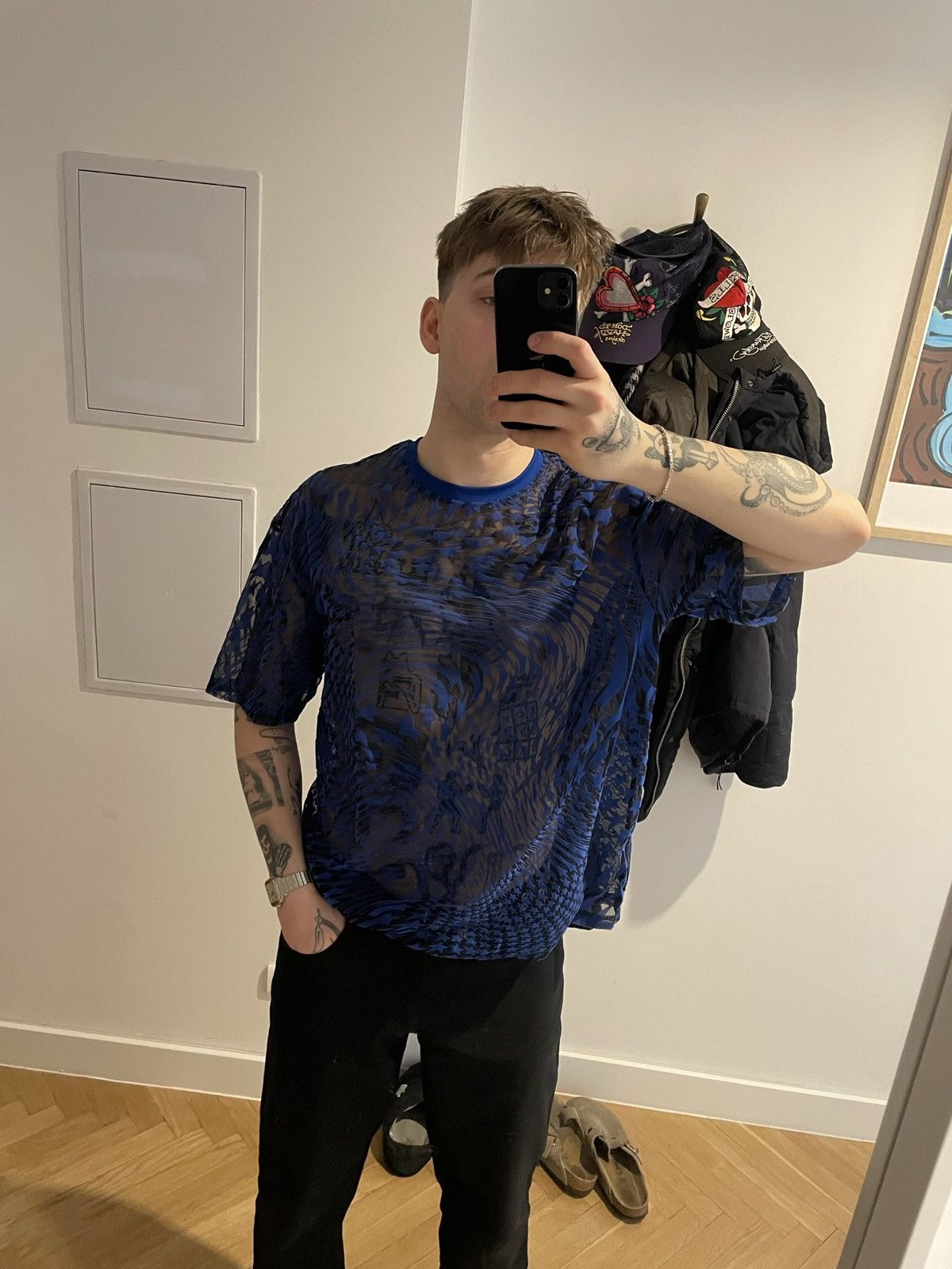 Thierry Mugler H&M x Mugler Mesh Transparent Avant Garde Tee Stars Blue Size US M / EU 48-50 / 2 - 3 Thumbnail