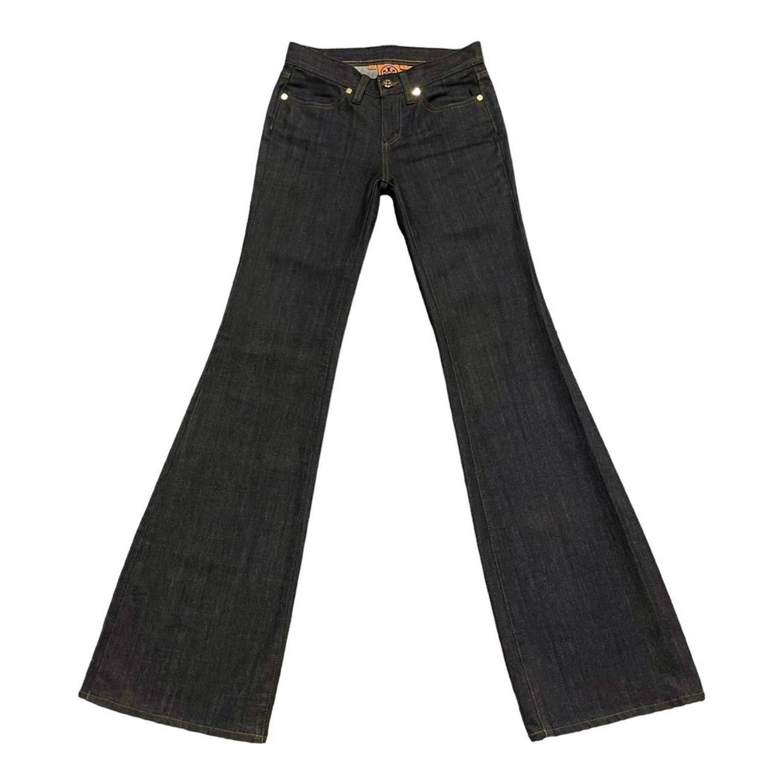 image of Tory Burch Designer Dark Wash Low-Rise Flare Jeans Size 24 in Blue, Women's