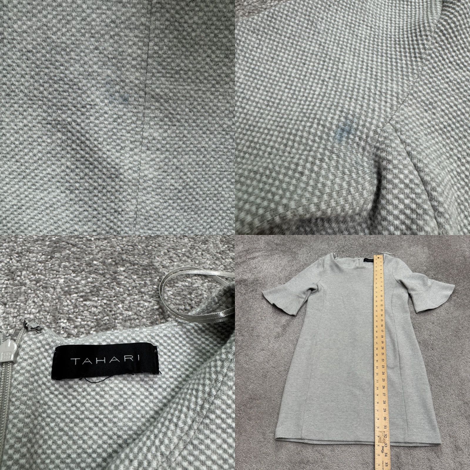 Vintage Tahari Bell Sleeve Textured Shift Dress Womens Medium Gray Knee Length Classic Size M / US 6-8 / IT 42-44 - 8 Thumbnail