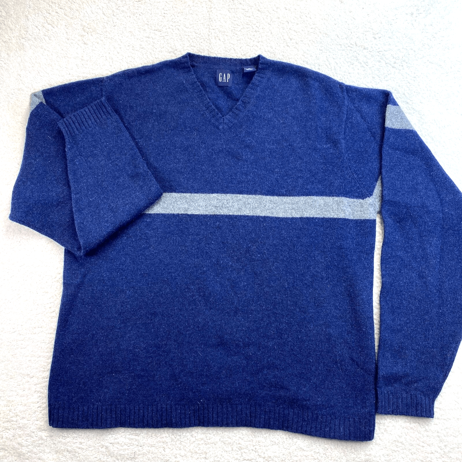 Gap Vintage Gap Lambswool Sweater Blue Gray Striped V Neck Y2K Size US XL / EU 56 / 4 - 2 Thumbnail