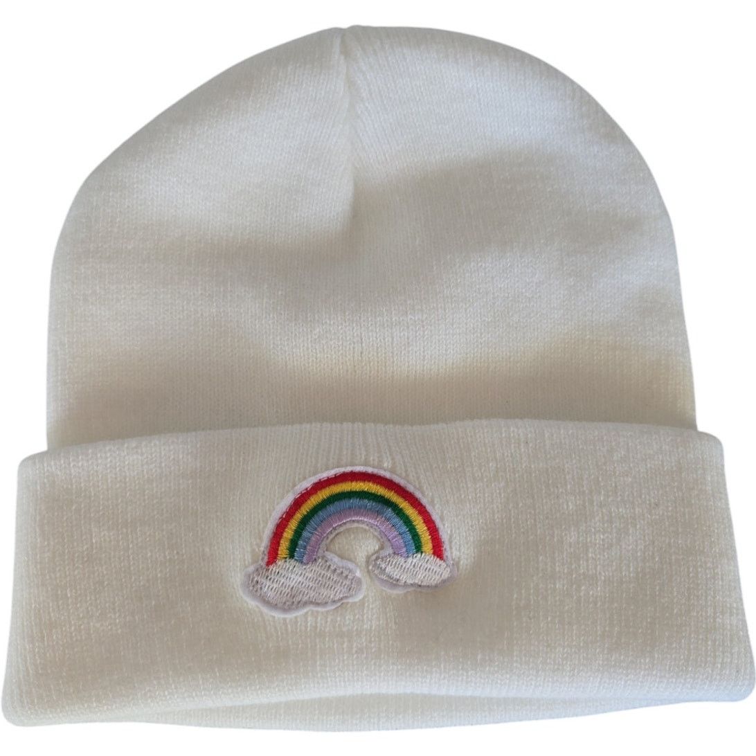 Other White Beanie with Rainbow and Puffy Clouds Patch | Size OS Size ONE SIZE - 2 Thumbnail