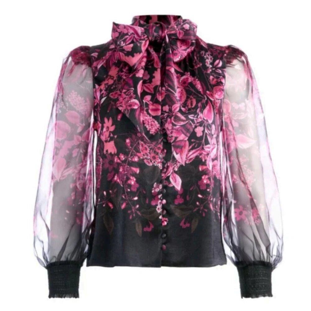 image of Designer Alice + Olivia Brentley Floral Silk Tie Neck Blouse in Pink, Women's (Size Small)