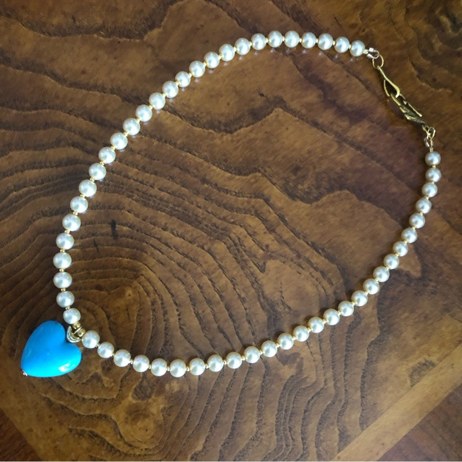 Handmade Handcrafted repurpose faux turquoise heart Pearl necklace Size ONE SIZE - 10 Thumbnail