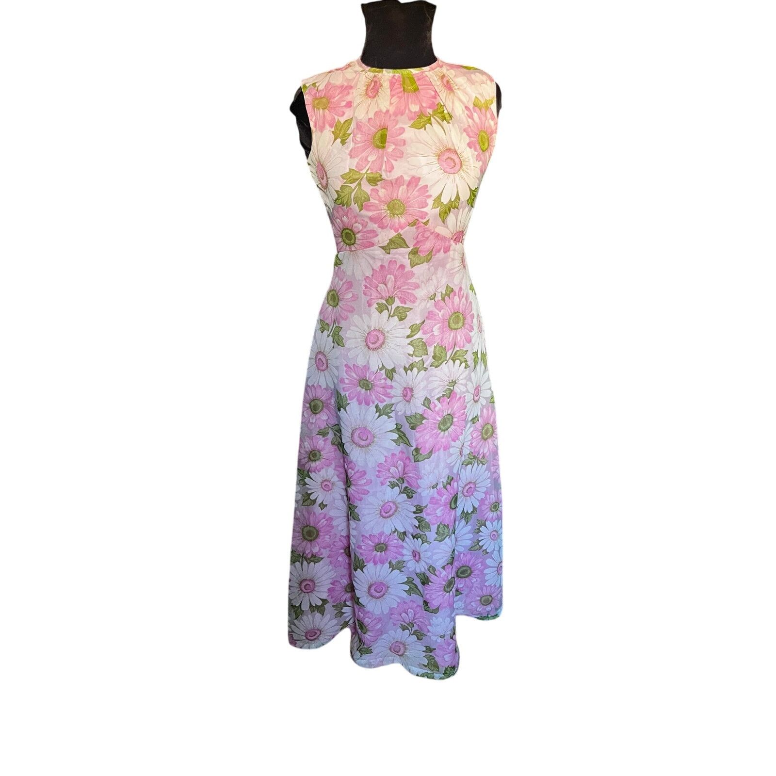 Vintage Vintage 60s Pink Green Flower Power Maxi Dress XS Small Boho Size S / US 4 / IT 40 - 3 Thumbnail