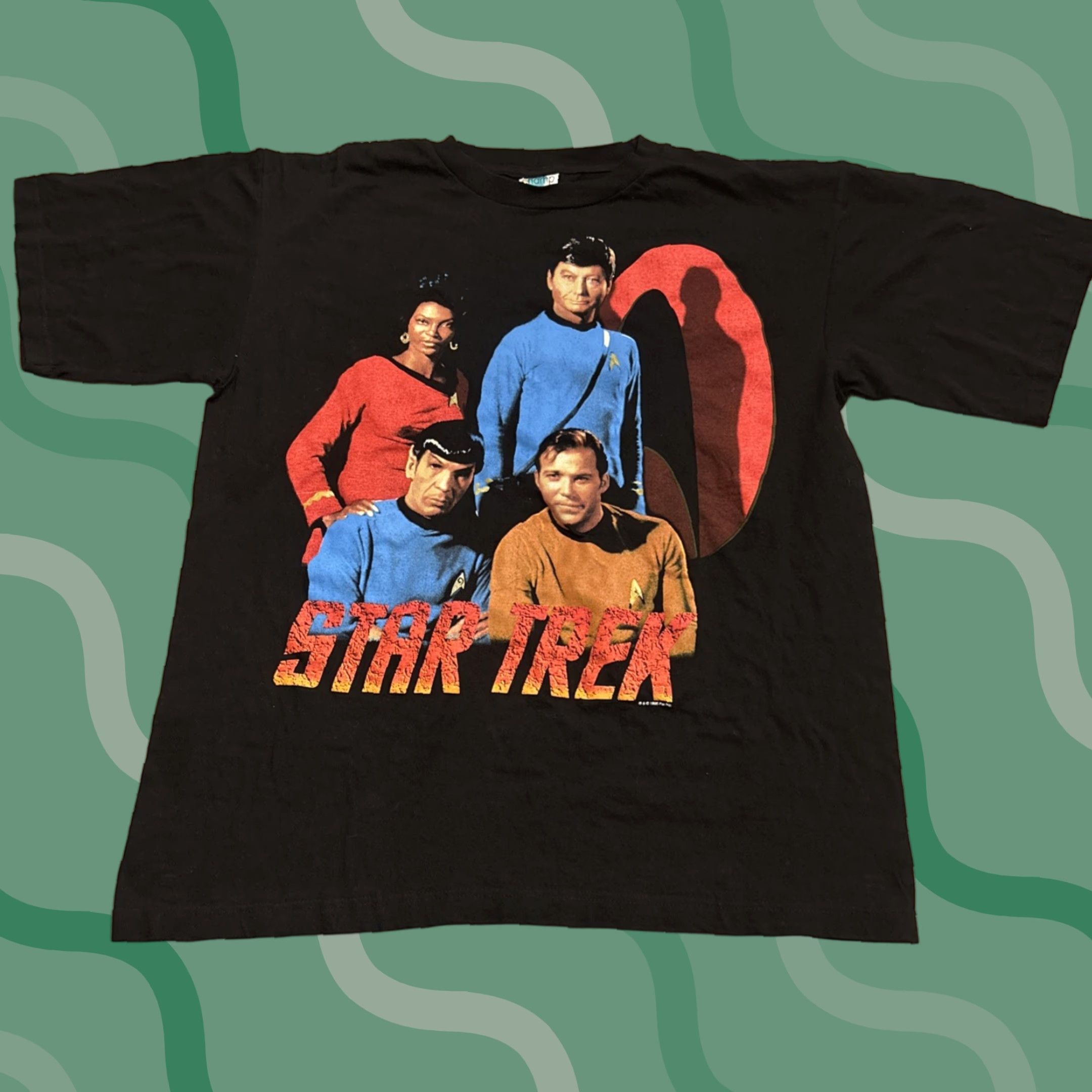 Vintage VINTAGE Star Trek T-Shirt XL Black Town Champ Men Shirts 1995 Original Series Kirk Spock Uhura McCoy Adults Mens Size US XL / EU 56 / 4 - 1 Thumbnail