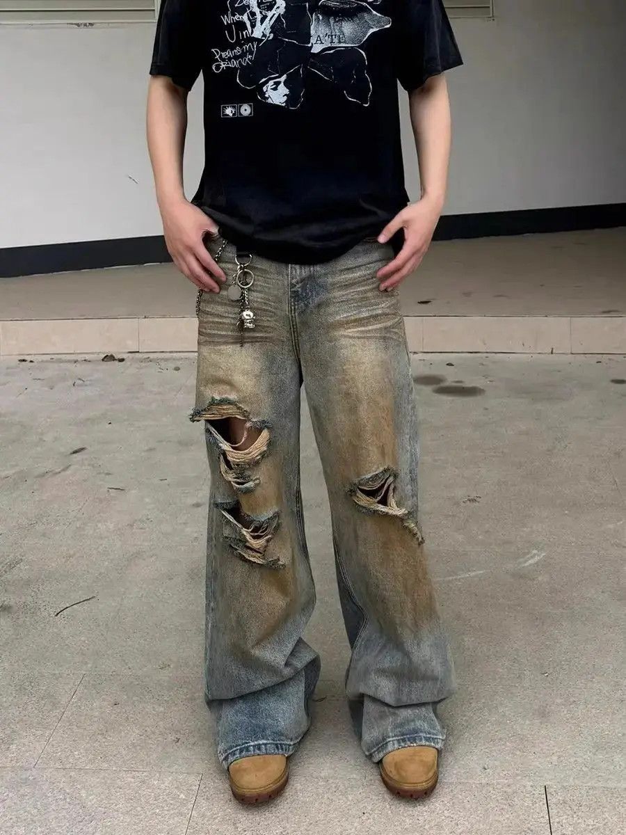 Japanese Brand Retro loose straight leg washed ripped jeans Size US 32 / EU 48 - 2 Thumbnail