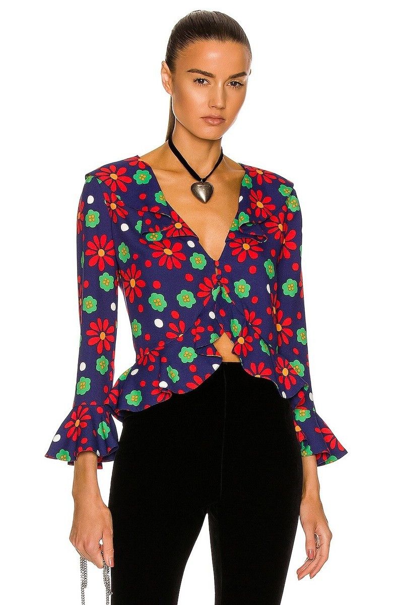 Saint Laurent Paris Blue Floral Ruffled Viscose Blouse Size S / US 4 / IT 40 - 1 Thumbnail