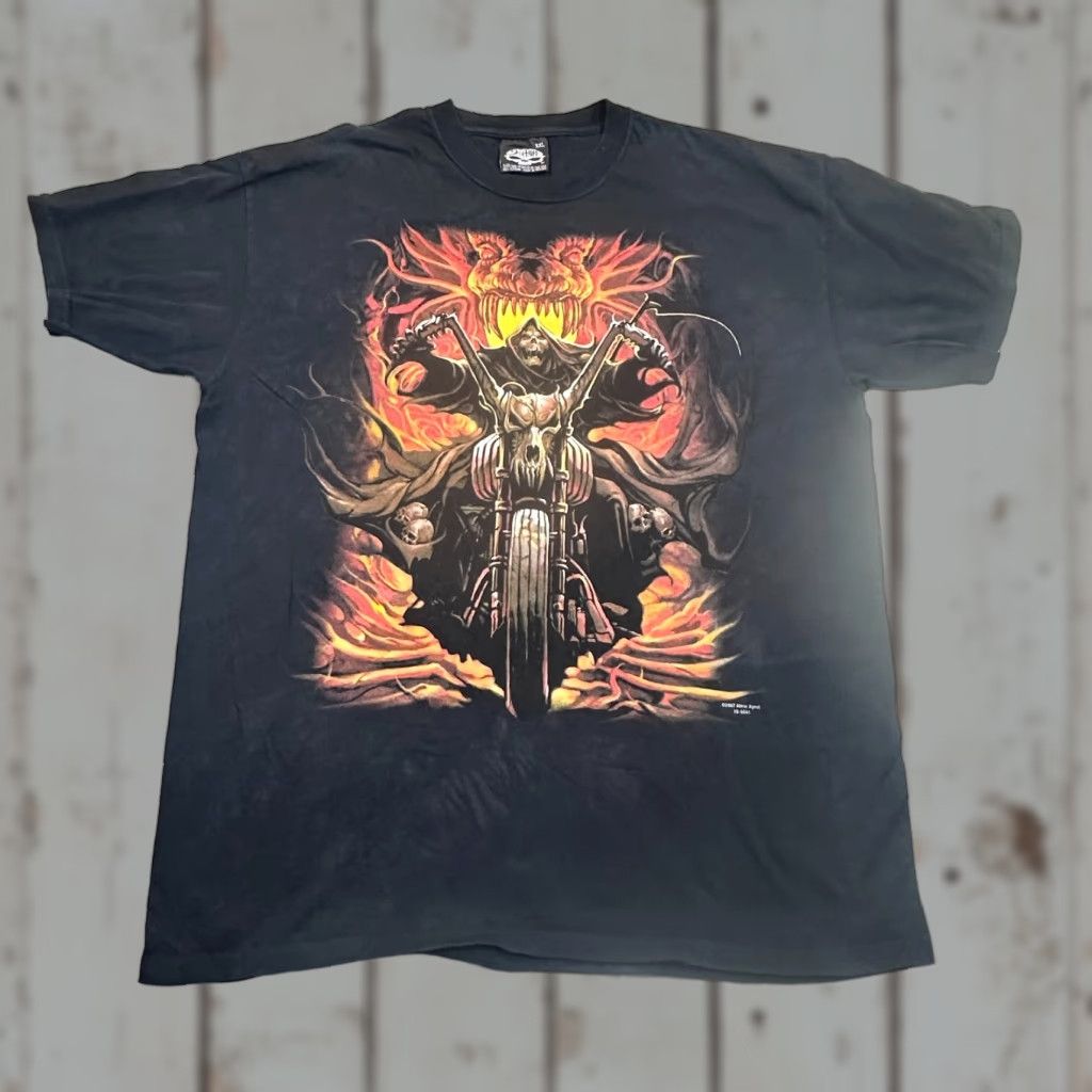 Skullbone 2007 Death Angel Motorcycle Skull Serpent Flames Tee Mens 2XL T-Shirt Crew Neck Short Sleeve multicolor 2007 Y2K Biker Death Skull Mens 2XL