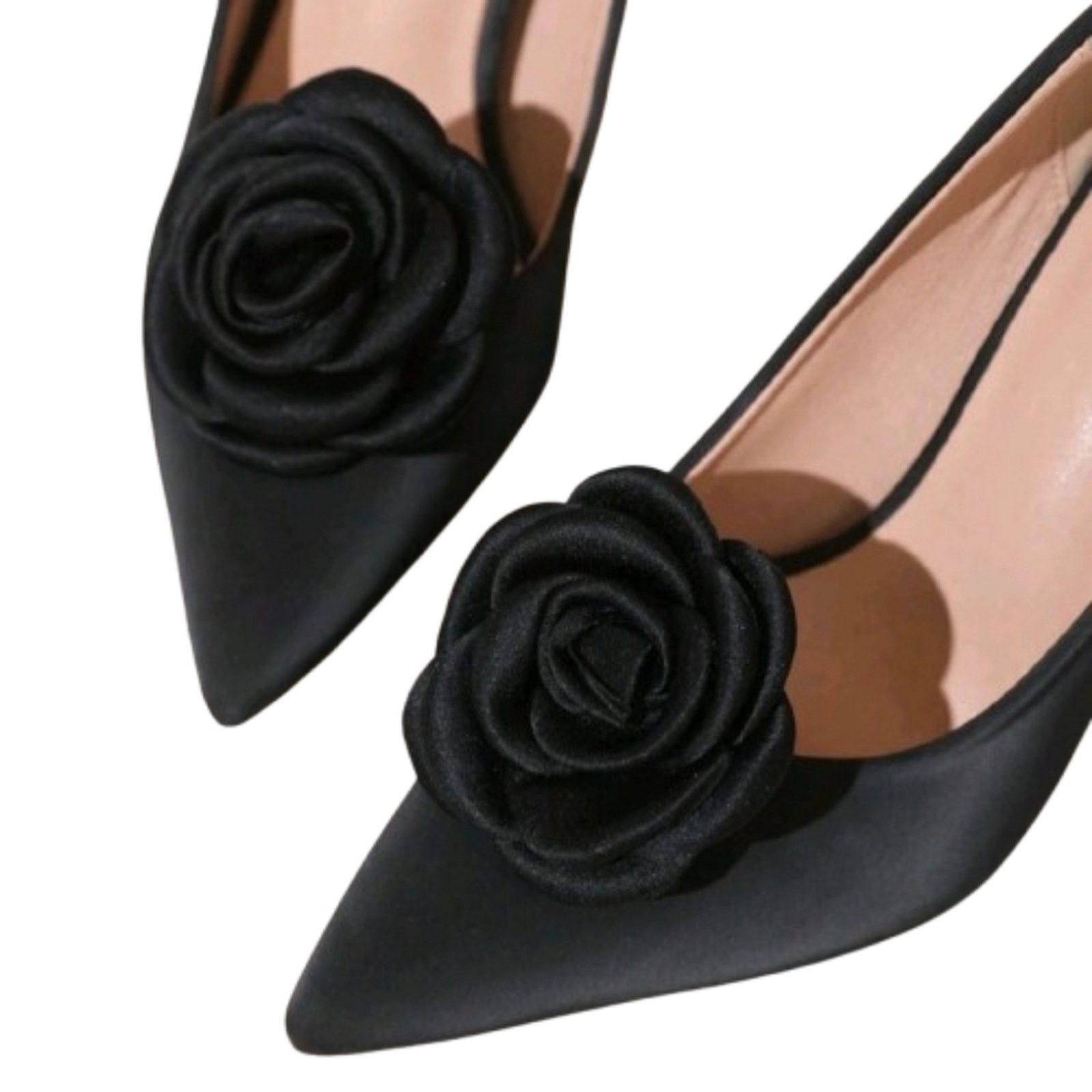 Other CLASSIC & ELEGANT ☆ MATTE BLACK SATIN ☆ ROSE SHOE CLIPS NIP Size US 4 / IT 34 - 3 Thumbnail