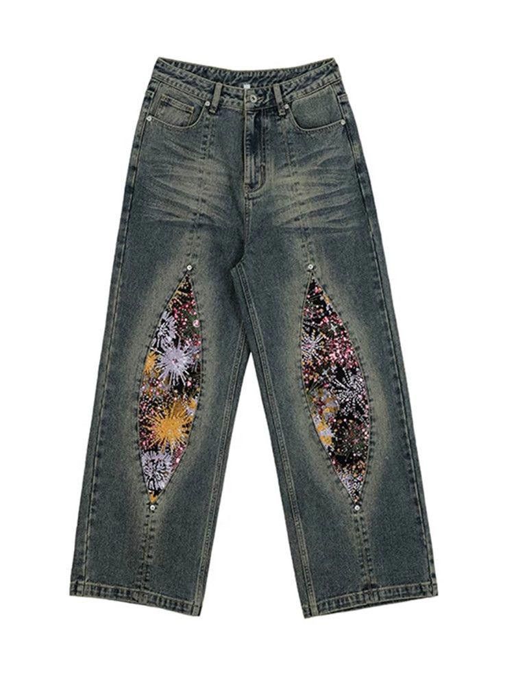 Baggy Patchwork Embellished Wide Leg Jeans