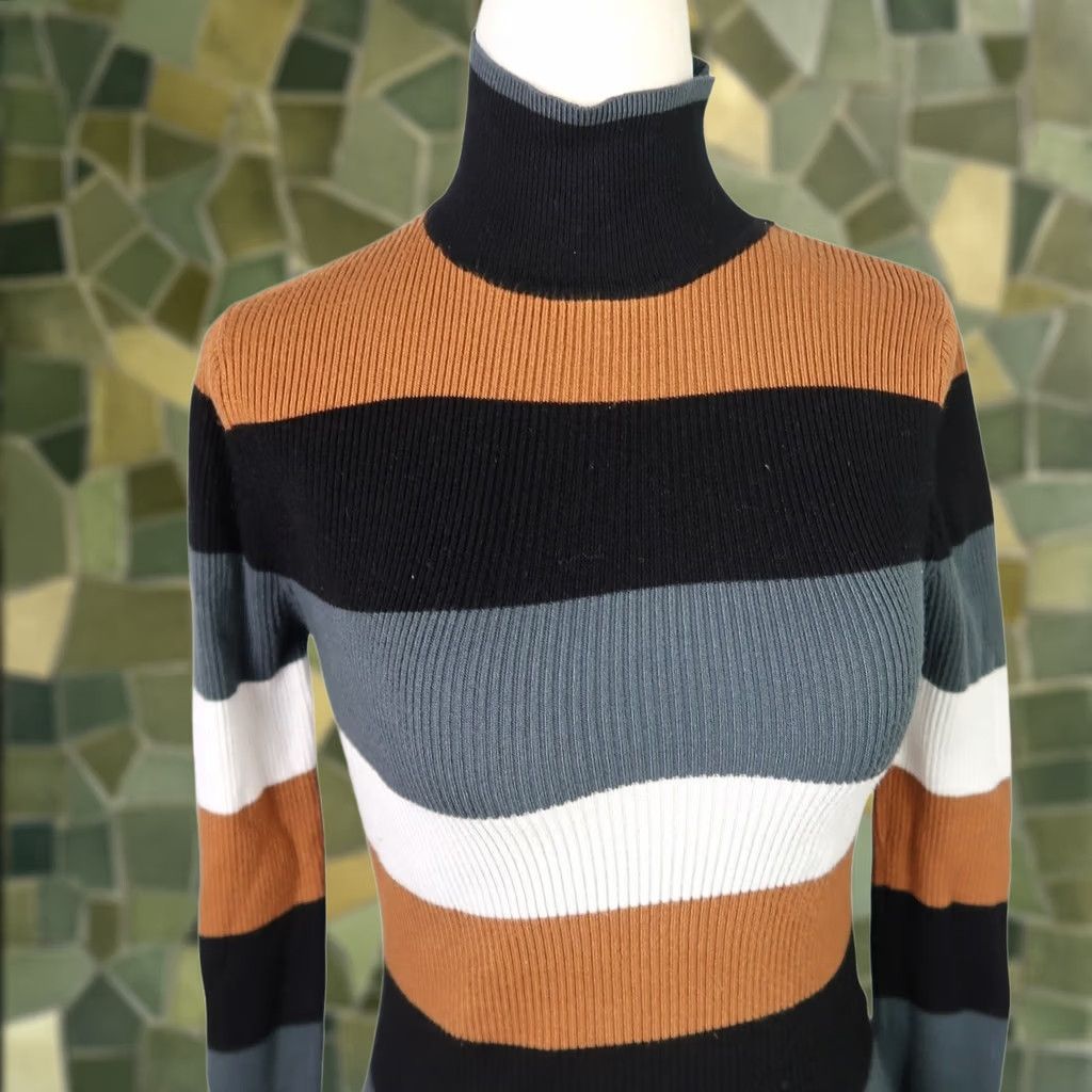 Zara VINTAGE Zara black tan grey white ribbed knit turtleneck sweater S Ladies Pullover Winter Casual Striped Long Sleeve Knit Size S / US 4 / IT 40 - 1 Thumbnail