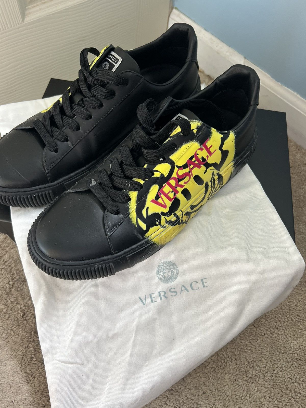 image of Versace Greca ‘Smiling Medusa’ - Black Shoes, Men's (Size 8.5)