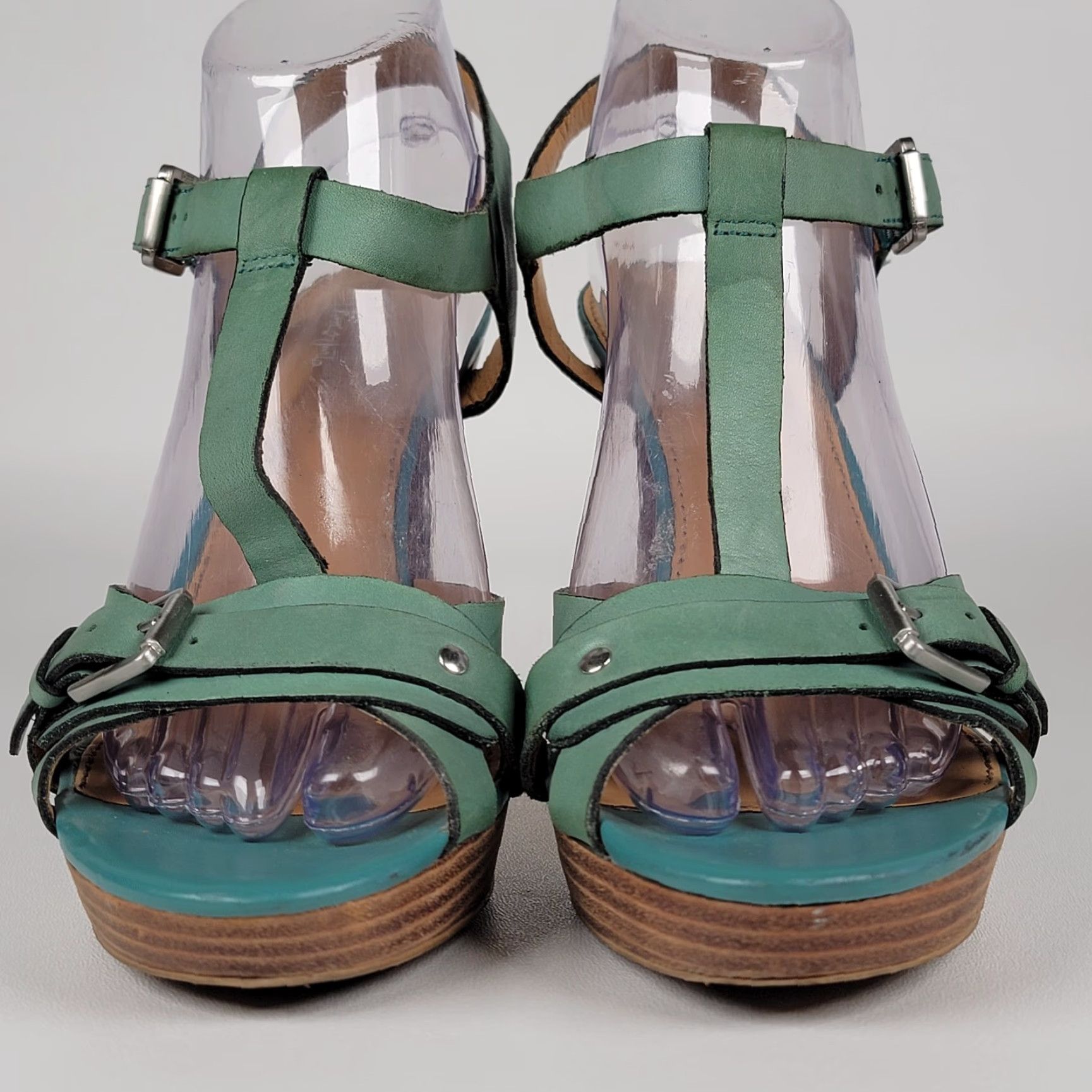 Franco Sarto Franco Sarto Heel Women Platform Open Toe T Strap Buckle Leather Blue Green 9M Size US 7 / IT 37 - 2 Thumbnail