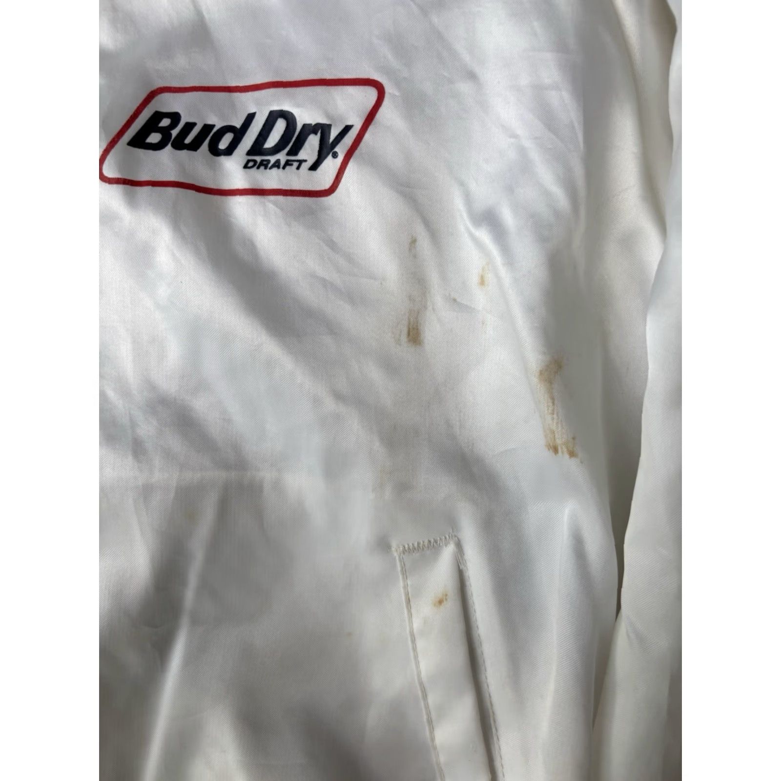 Vintage VINTAGE Bud Dry Satin Bomber Jacket XL White Logo USA 80s Wind-Resistant, Water-Resistant, Short Jacket, Unisex Adults, 80s, Draft Promo, USA Theme Size US XL / EU 56 / 4 - 4 Thumbnail