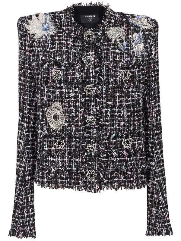 o1s1wg110825 Collarless Tweed Jacket in Black