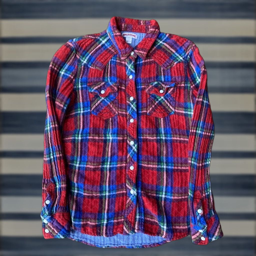 VINTAGE True Religion Western Pearl Snap Plaid Button Down Flannel Shirt Womens Small