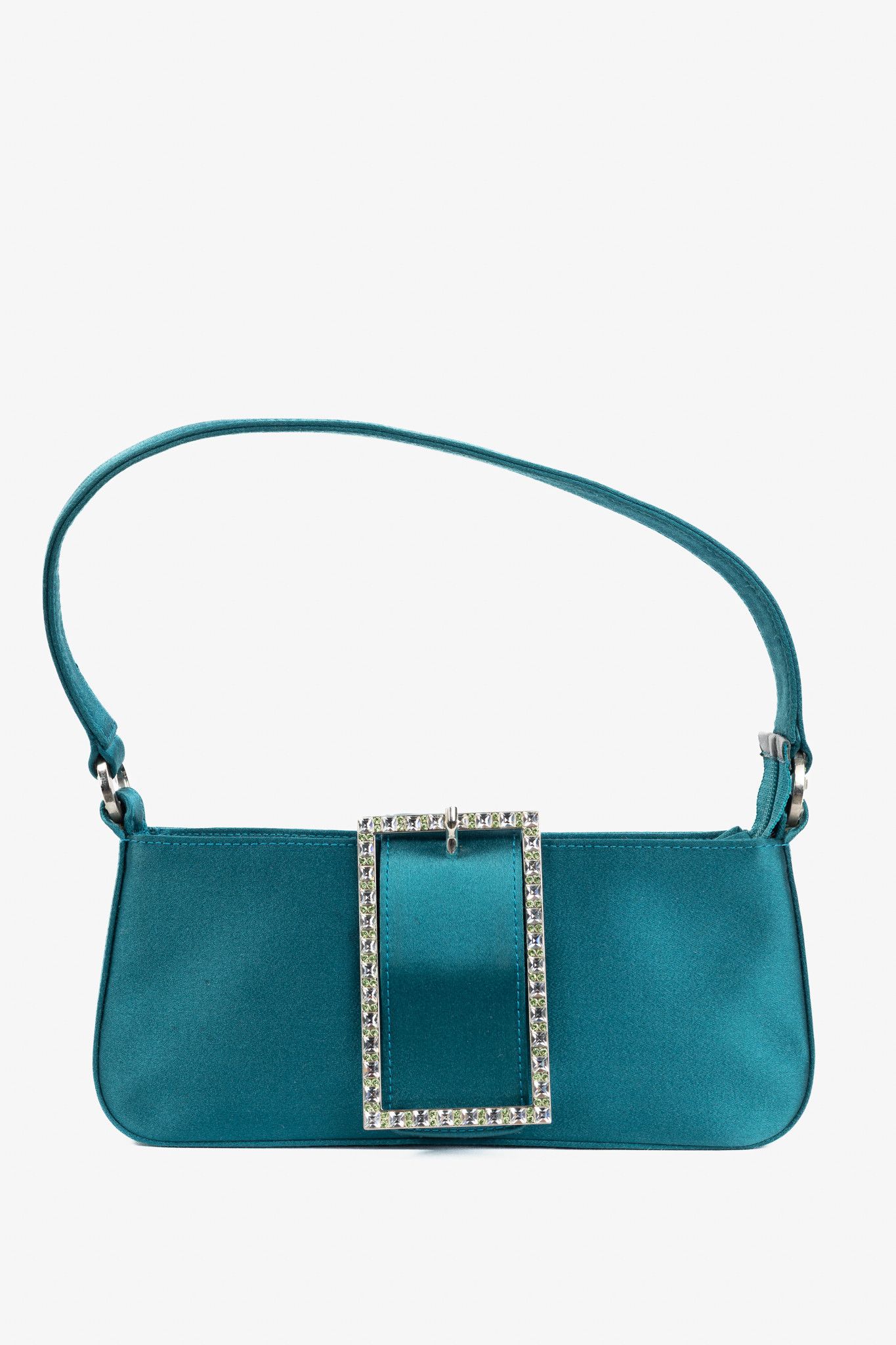 Jimmy Choo Teal Satin Crystal-Buckle Baguette