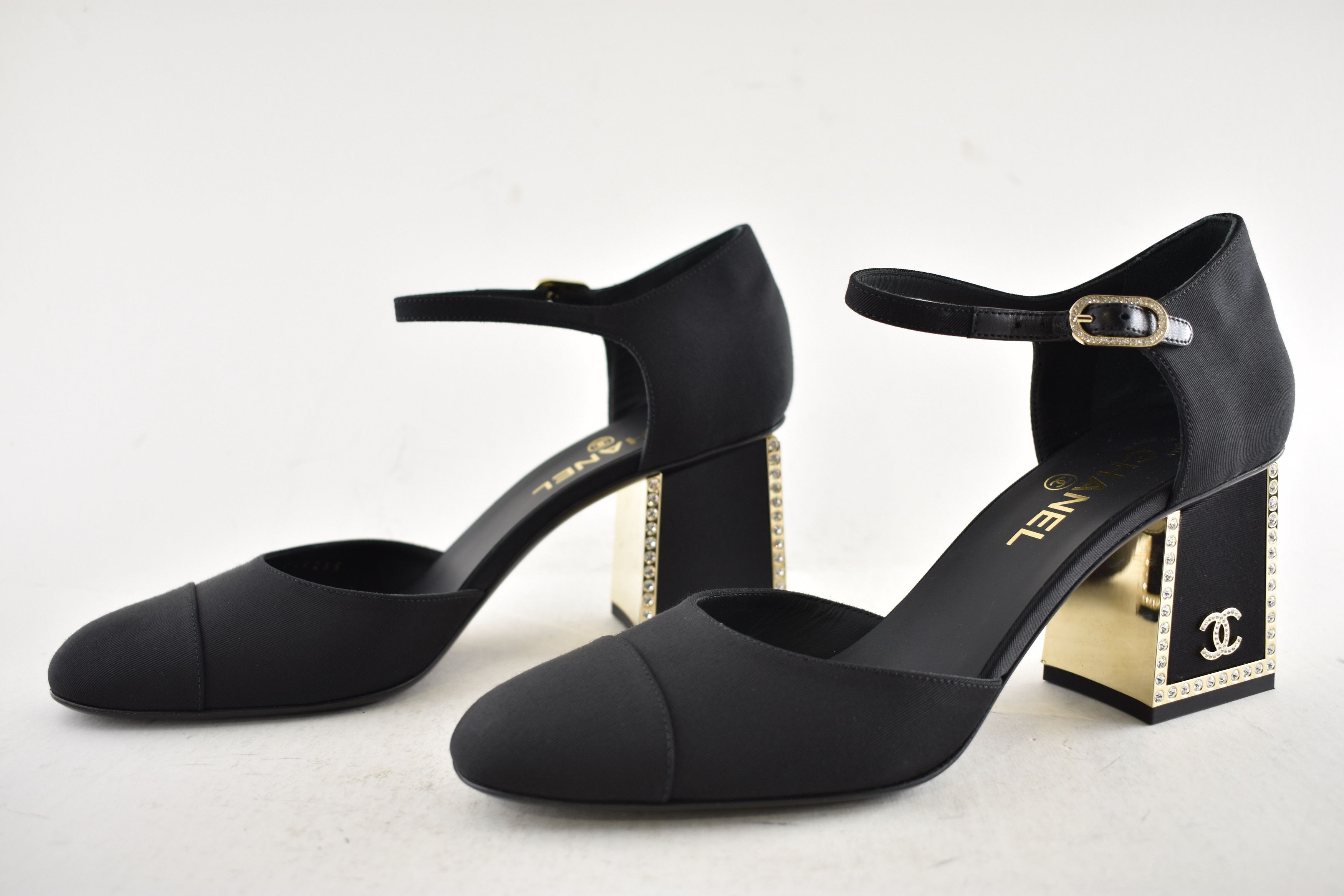 Chanel Chanel 24B Crystal Logo Gold Ankle Strap Block Heel Pump 40 Size US 10 / IT 40 - 15 Thumbnail