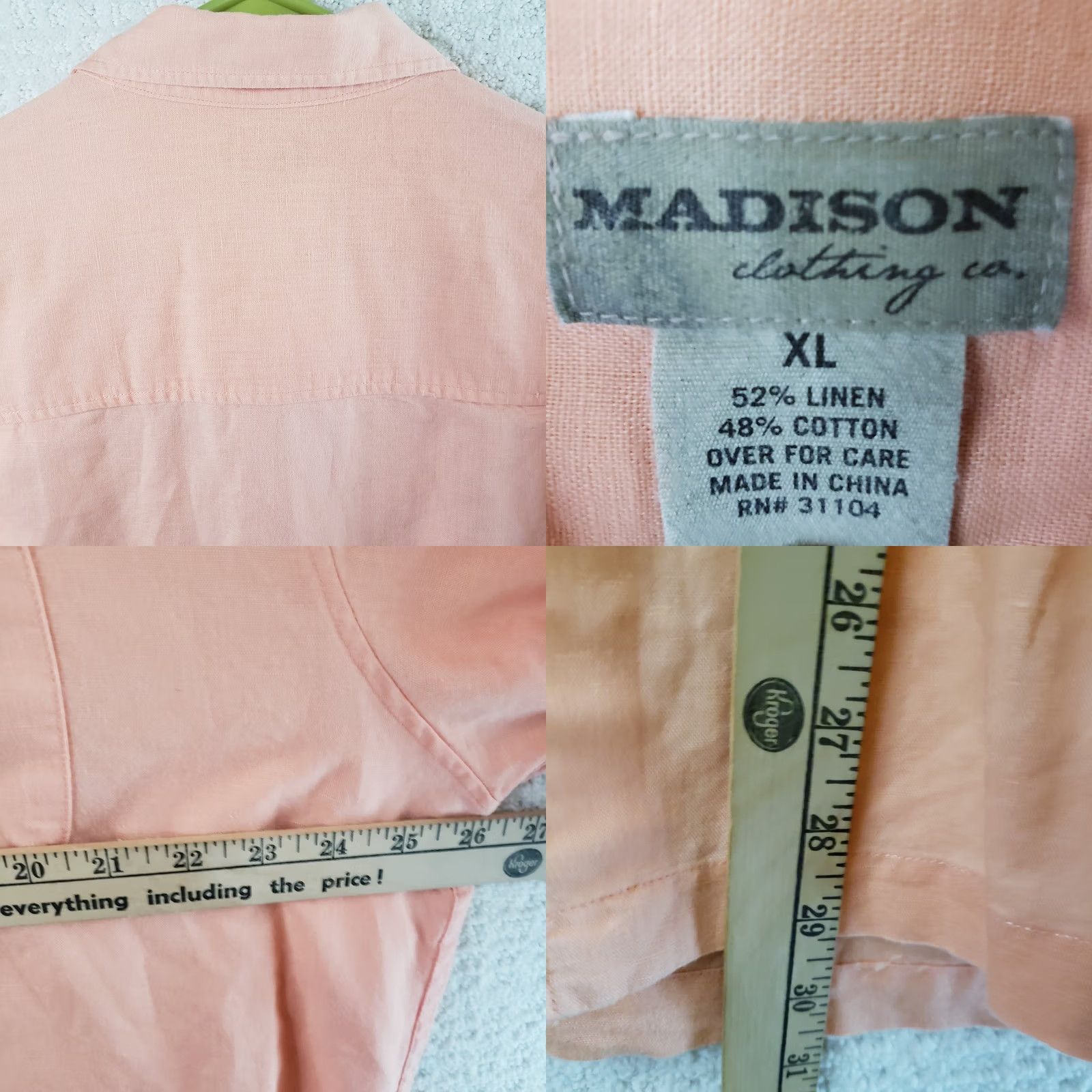 Madison Madison Clothing Co. Mens Shirt XL Coral Short Sleeve Button Down Linen Cotton Casual Size US XL / EU 56 / 4 - 8 Thumbnail