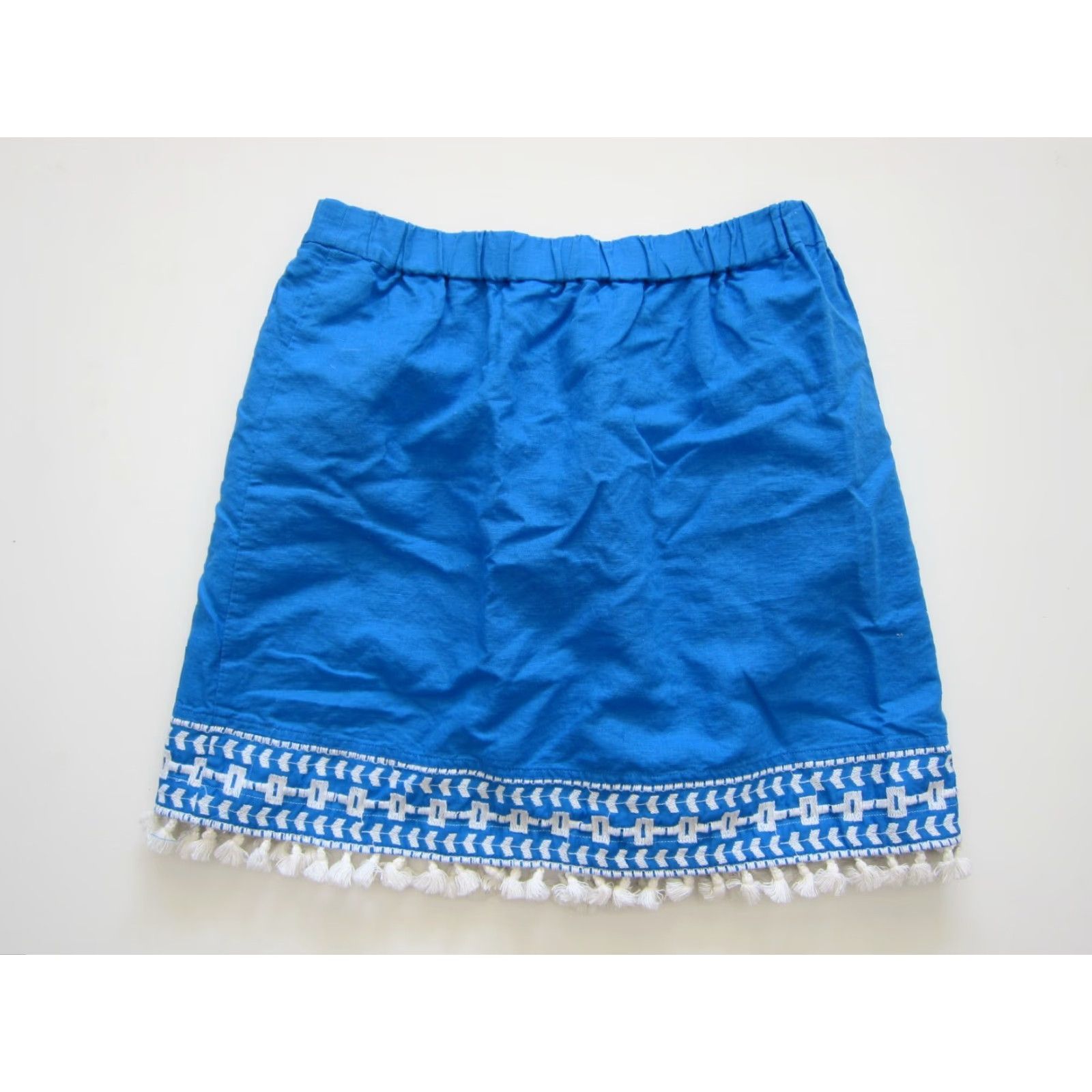J.Crew VINTAGE J.Crew 100% Cotton Blue White Embroidered Fringe Lined Peasant Mini Skirt XS Size 26" / US 2 / IT 38 - 2 Thumbnail