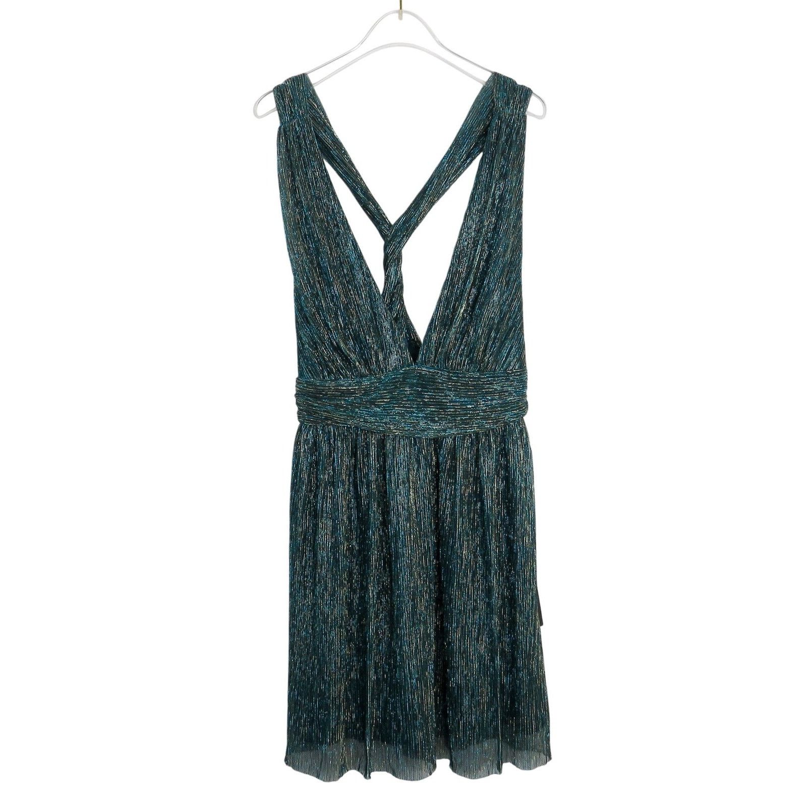 Lulus Lulus Ailey Gold Teal Blue Skater Dress Sparkly V-Neck Large Size L / US 10 / IT 46 - 5 Thumbnail