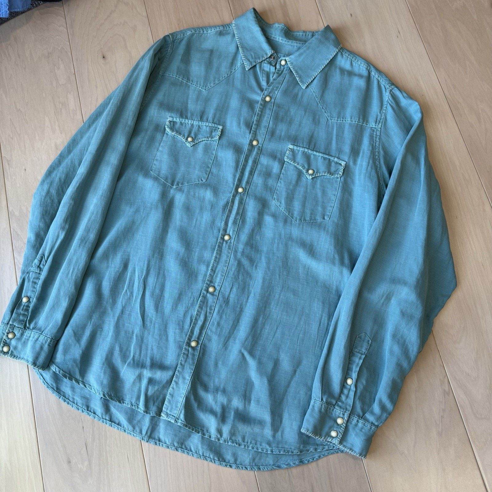 Wrangler Ryan Michael Silk Pearl Snap Shirt XL Teal Western Button Up Size US XL / EU 56 / 4 - 7 Thumbnail