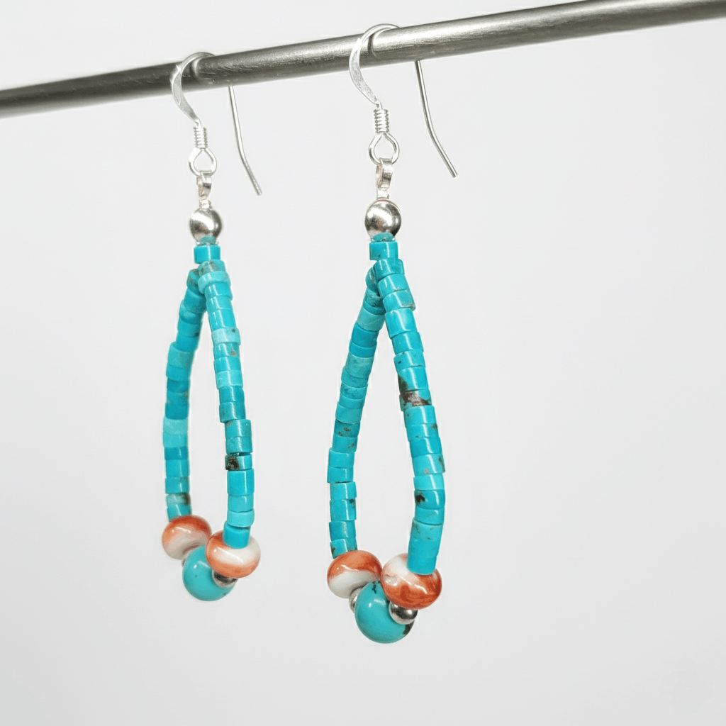Handmade Turquoise 2.25" Earrings 925 Sterling Silver Heishi Native Size ONE SIZE - 4 Thumbnail