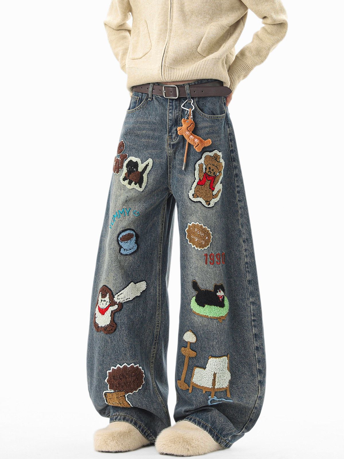 Vintage Men's Relaxed-Fit Denim Jeans with Cartoon Cat Embroidery Size US 32 / EU 48 - 2 Thumbnail