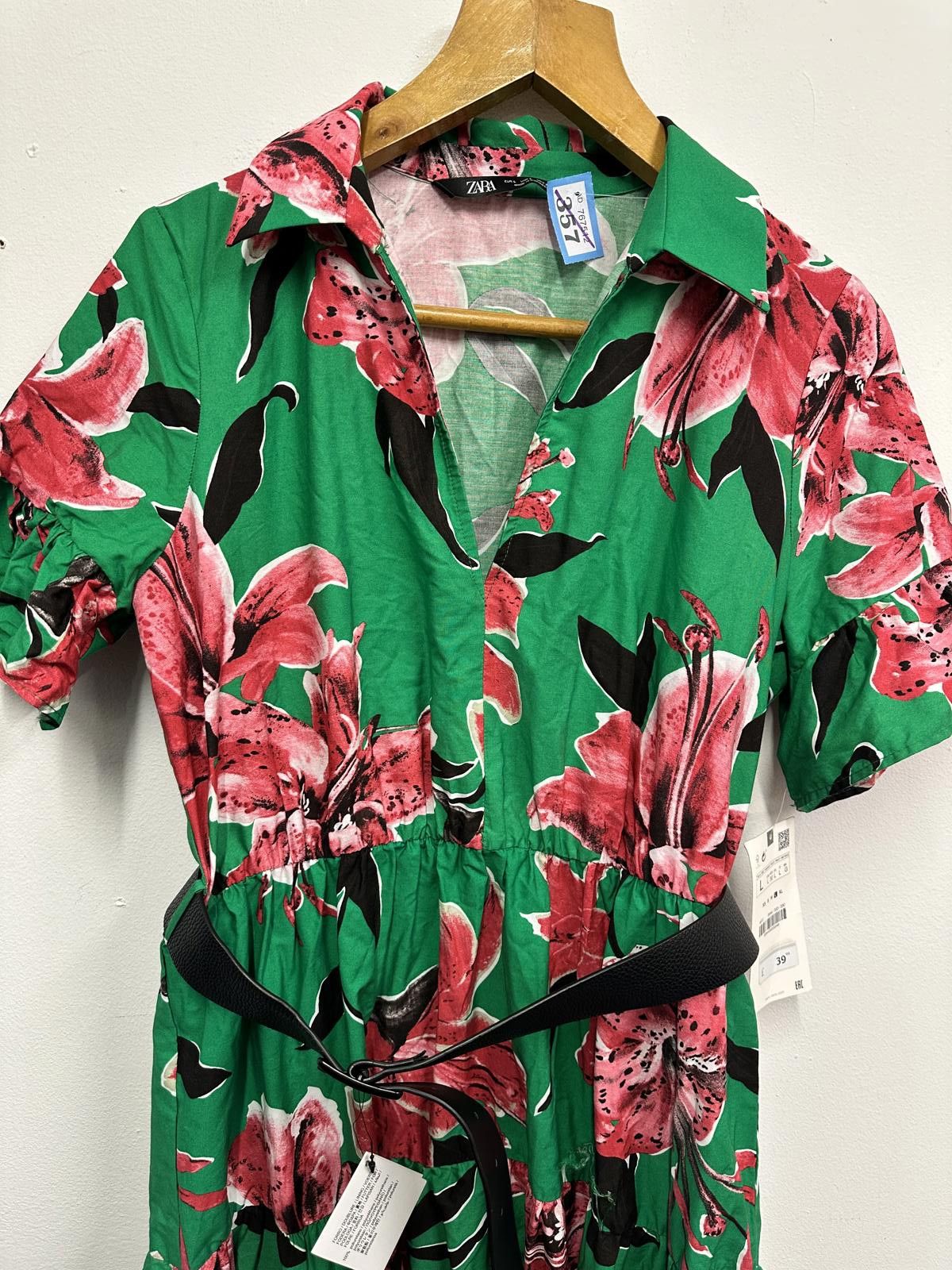Zara ZARA Floral Print Green Midi Dress with Belt Size L Size L / US 10 / IT 46 - 3 Thumbnail