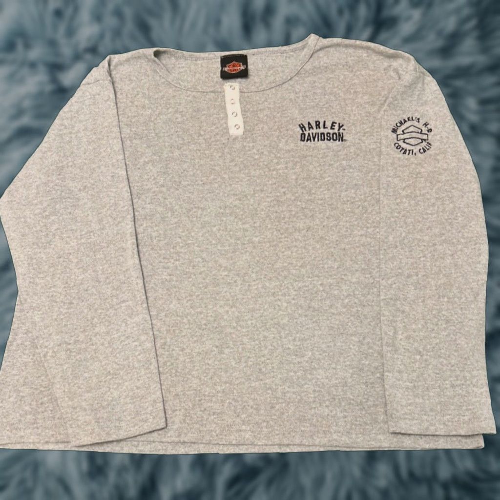 Harley Davidson VINTAGE Harley-Davidson Logo Henley Long Sleeve Shirt Womens L California 90s Grunge Biker Motorcycle Punk Y2K Thermal Embroidered Gray Size L / US 10 / IT 46 - 1 Thumbnail