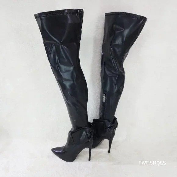 Other OTK Thigh Boots Black High Heel Stiletto Boots Big Back Bow Size US 7 / IT 37 - 3 Thumbnail