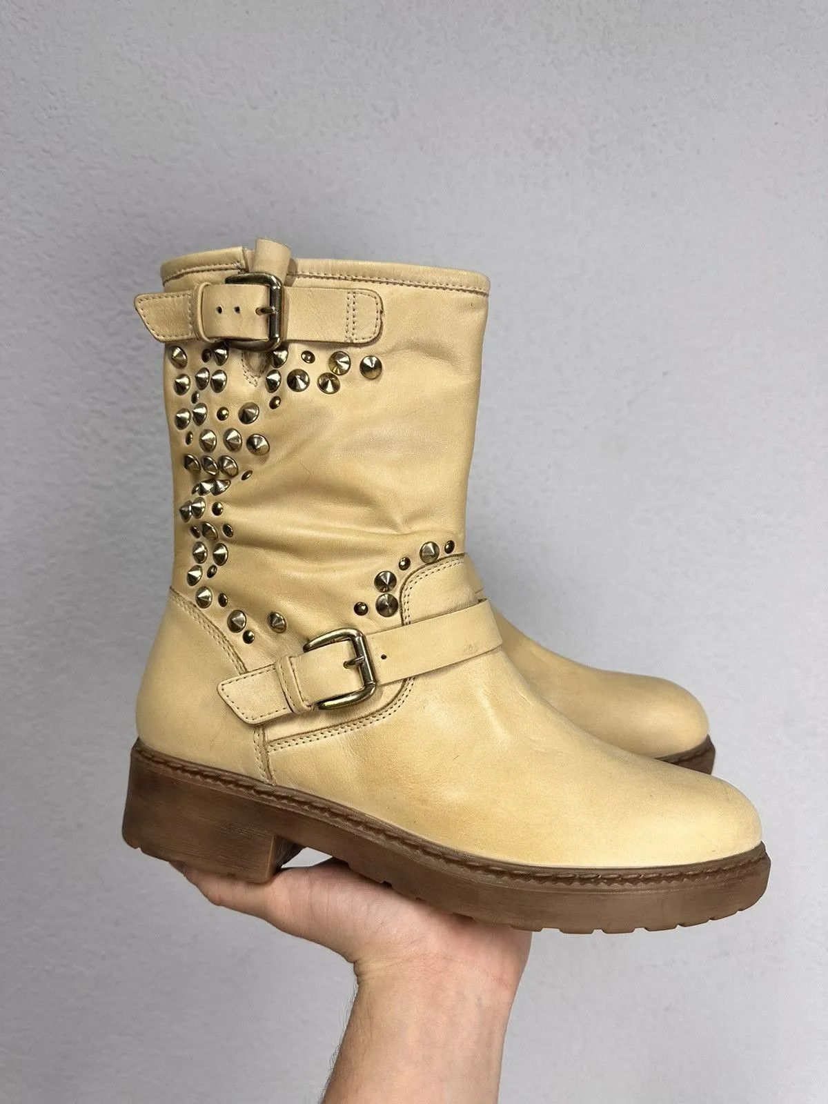 Genuine Leather Beige leather studded noto AS 98 rock boots Hedi Slimane Size US 9 / IT 39 - 2 Thumbnail