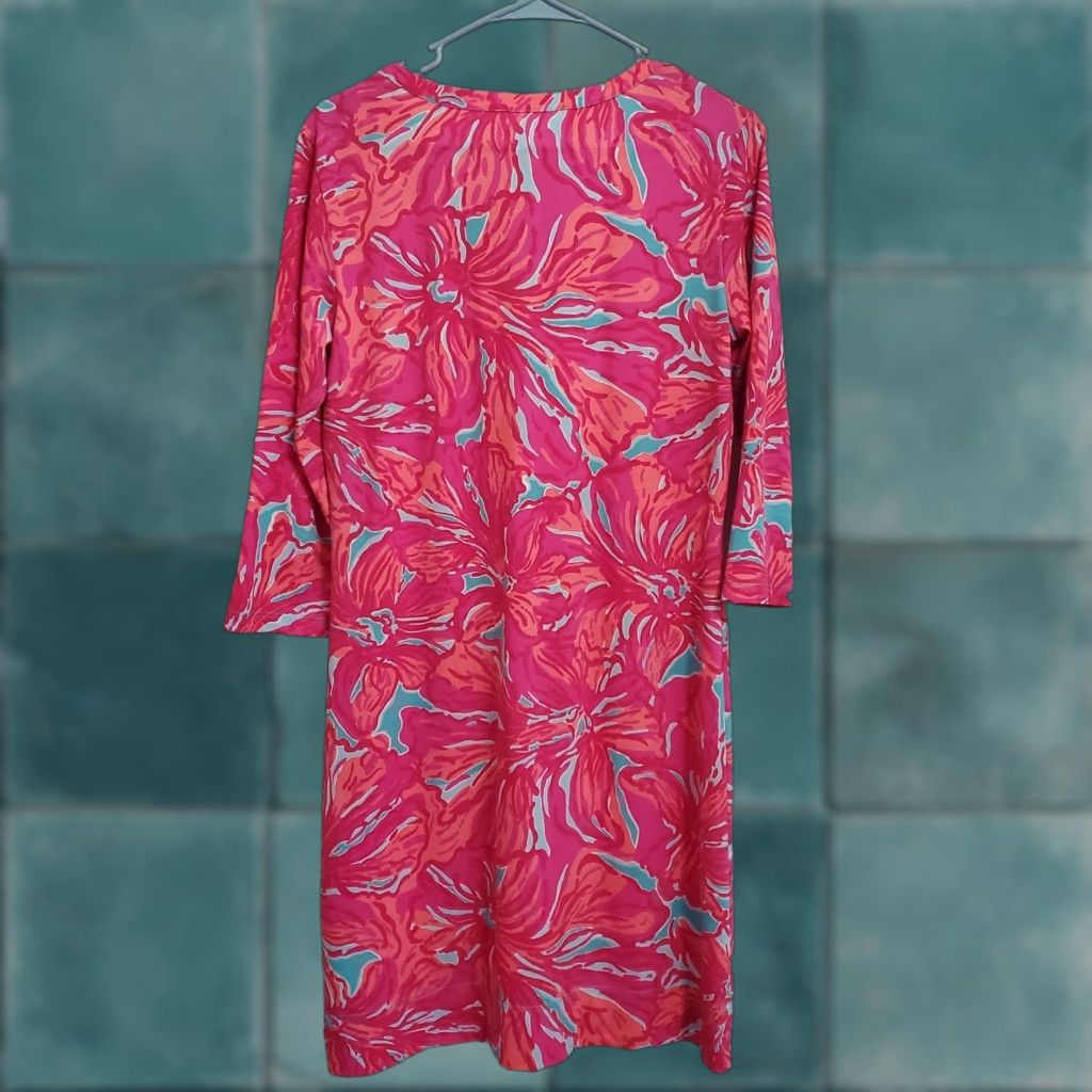 Lilly Pulitzer Lilly Pulitzer Alessia Dress Womens M Pima Cotton Pink Floral Resort Sea V-Neck 3/4 Sleeve Pullover Knee Length A-Line Sundress Size M / US 6-8 / IT 42-44 - 1 Thumbnail