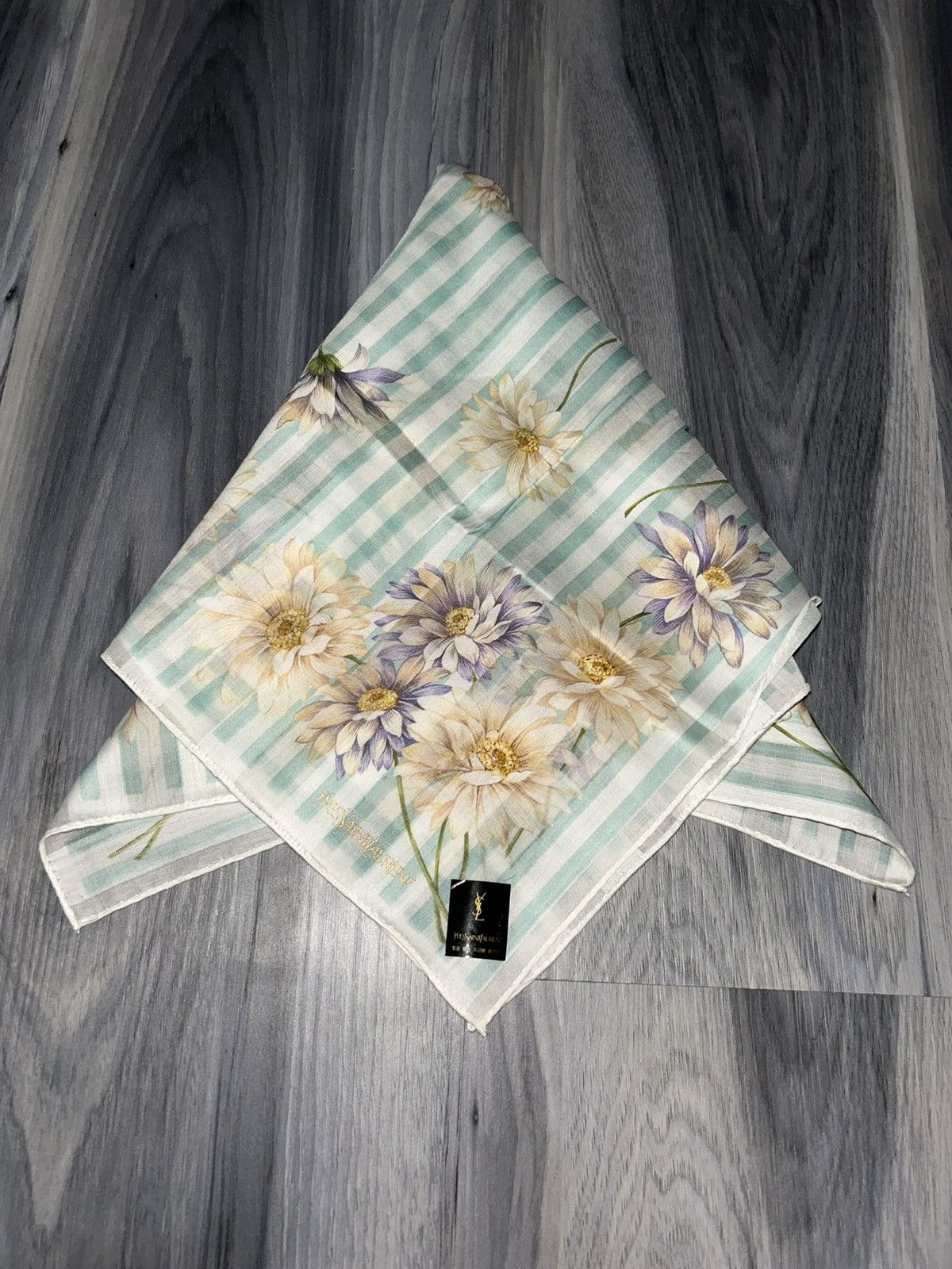 Yves Saint Laurent YSL Vintage Mint & White Striped Floral Cotton Handkerchief Size ONE SIZE - 10 Thumbnail