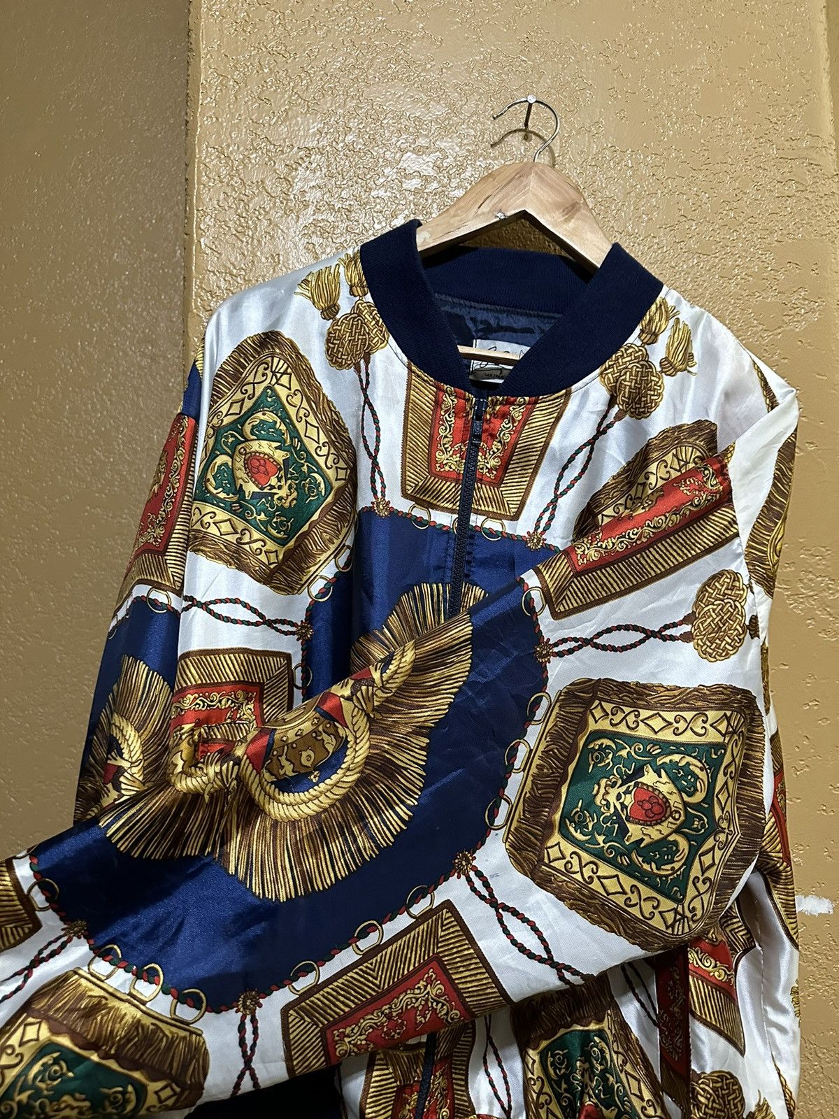 Vintage ⚜️ 90s Baroque Satin Bomber Jacket Large Versace Style Size US L / EU 52-54 / 3 - 4 Thumbnail