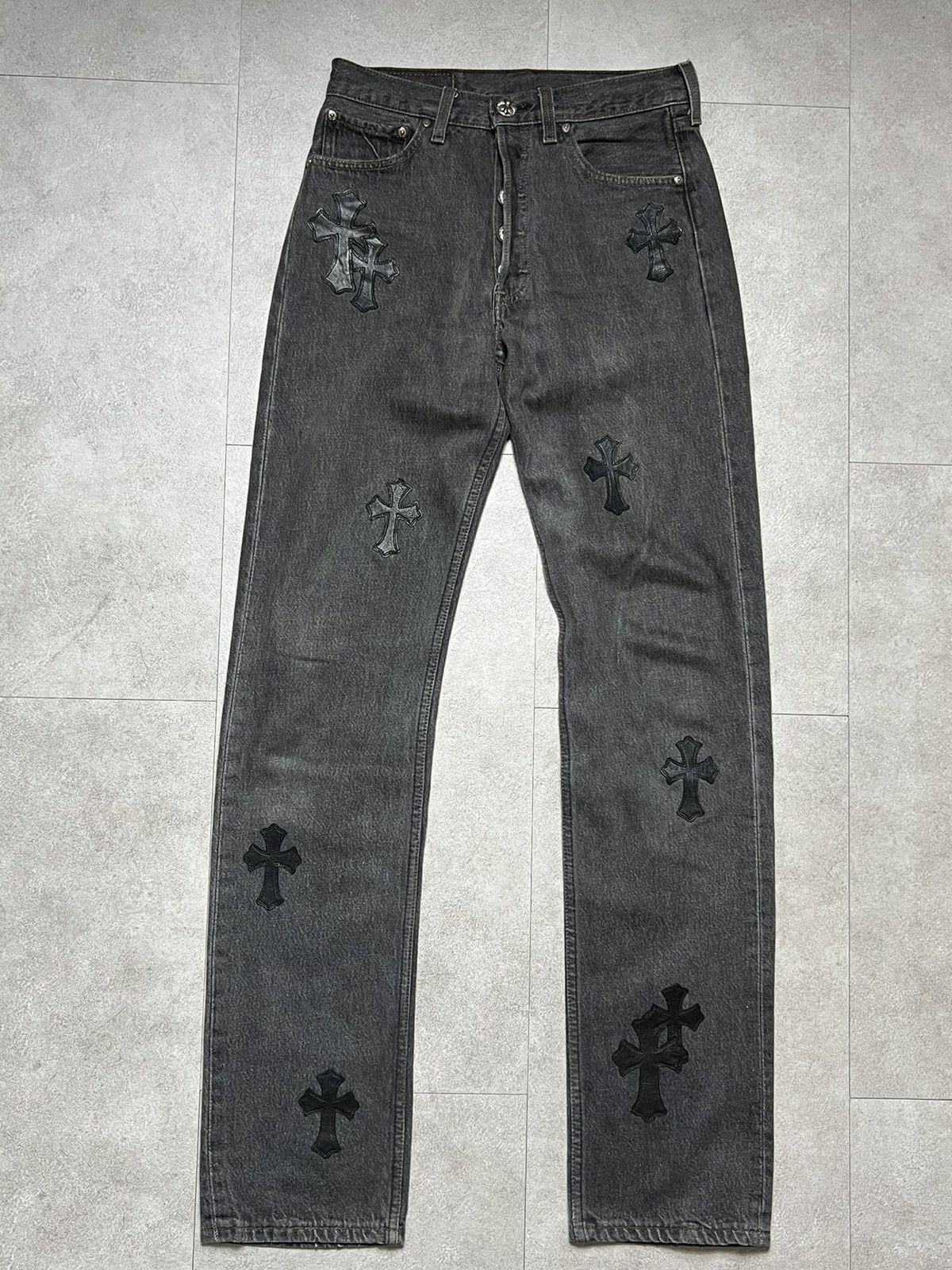 image of Chrome Hearts Levi's 501 Cross Patch Denim Jeans in Black, Men's (Size 28)