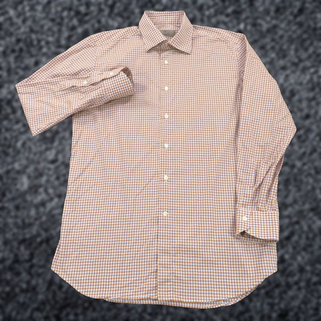 Canali Canali 1934 Shirt Men 16 Orange White Gingham Long Sleeve Button Up Plaid Size US L / EU 52-54 / 3 - 1 Thumbnail