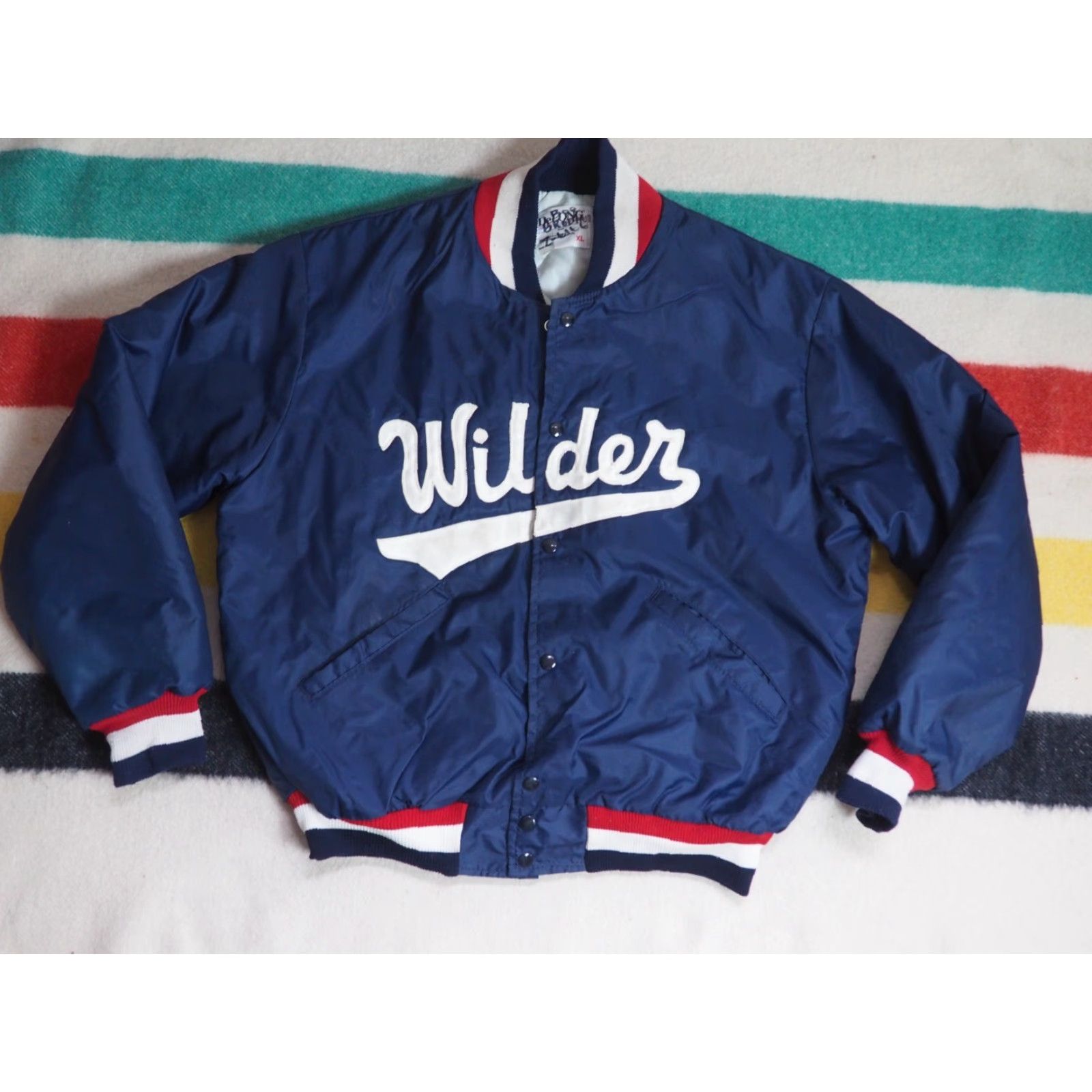 Vintage VINTAGE DeLong Bomber Jacket Mens XL BLUE Satin Nylon 80s Satin Lined Embroidered Patch 25.5" Pit 28" Length Size US XL / EU 56 / 4 - 2 Thumbnail