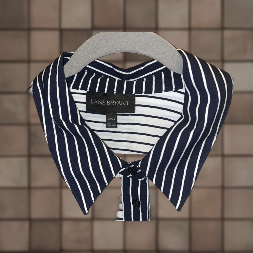 Vintage Lane Bryant Blouse Shirt Plus 22 24 Dark Blue Horizontal Stripe Button Down Lightweight Easy Care Pockets Womens Size 3XL / US 20-22 - 1 Thumbnail