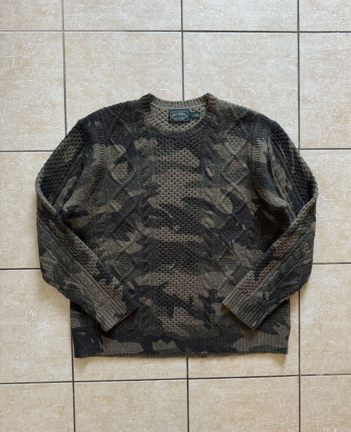 Ralph Lauren Polo Country Aran Knit Camo Moro Wool Sweater