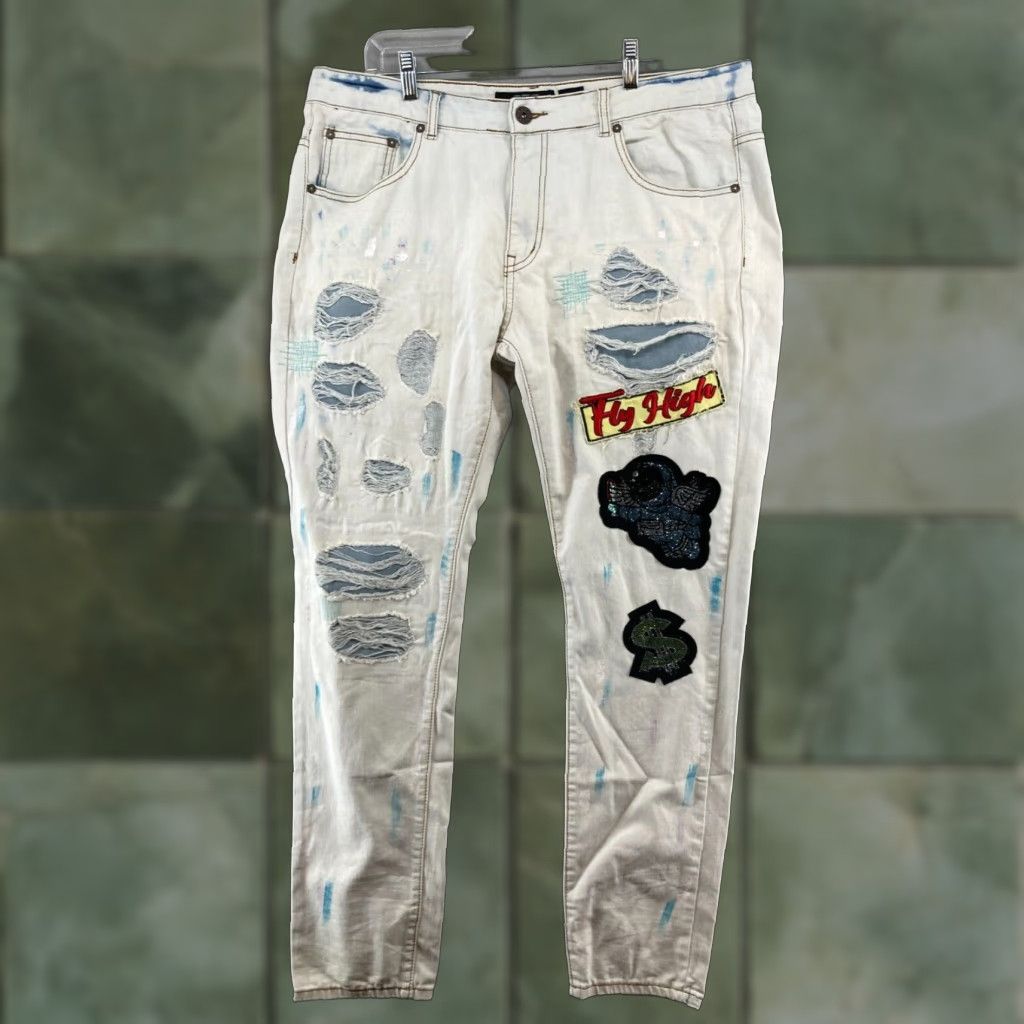 Vintage Majestik Majestic Brand Jeans 36 Regular 36x32 Acid Wash Distressed Grunge Patches Paint Blue Cotton Size 25" / US 0 / IT 36 - 1 Thumbnail