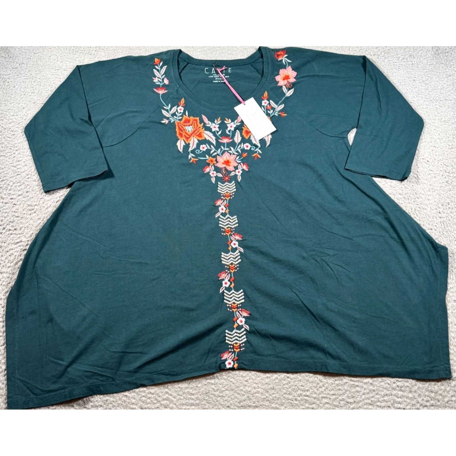 Altea CAITE Aisha Tunic Top Women Small Green Embroidered Floral Round Neck 3/4 Sleeve NWT Size S / US 4 / IT 40 - 2 Thumbnail