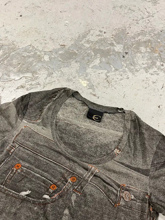 Designer × Just Cavalli × Vintage 2000s Cavalli Denim Trompe L’Oeil T-Shirt Size XXS / US 00 / IT 34 - 2 Thumbnail